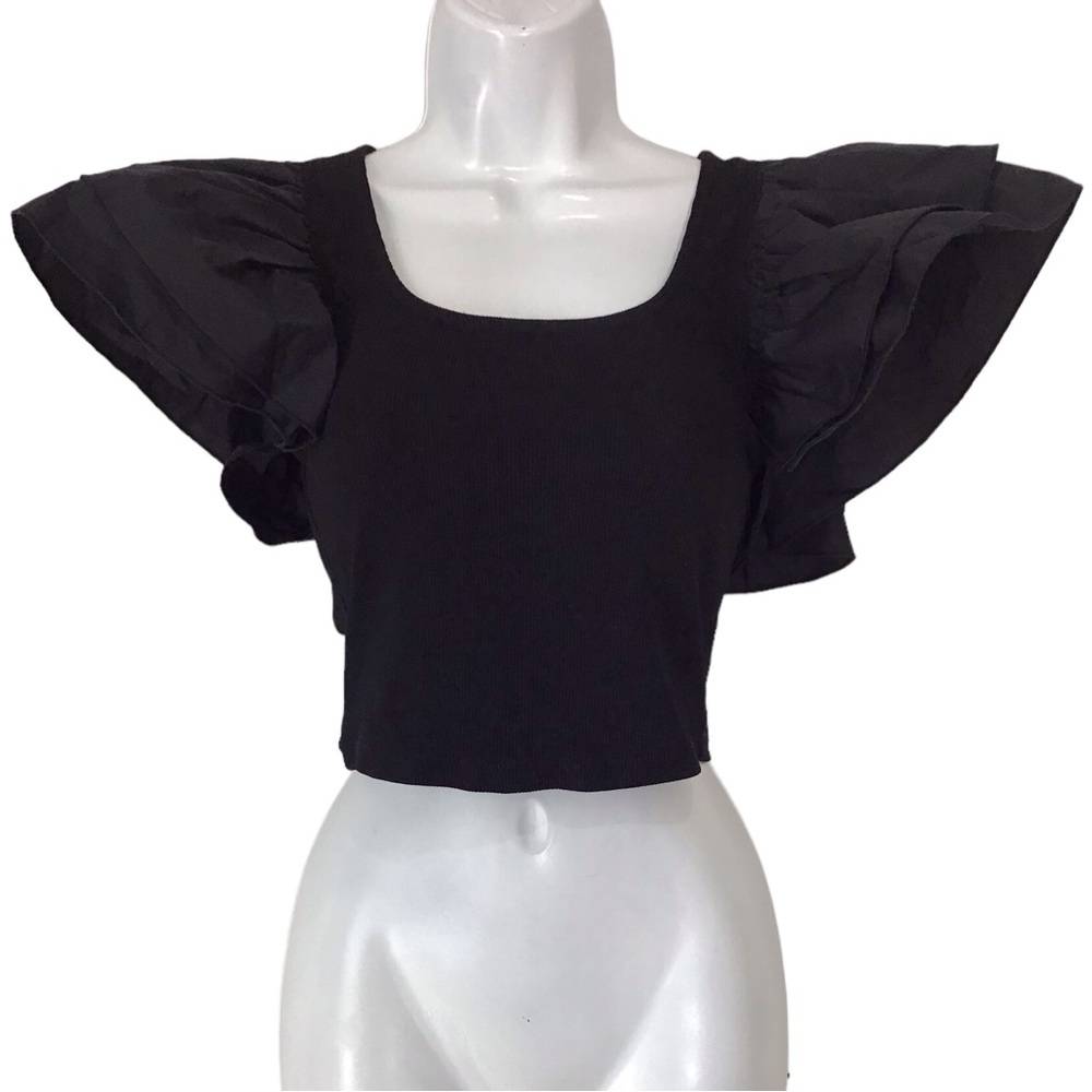 Black Flutter Sleeve Crop Top - Women